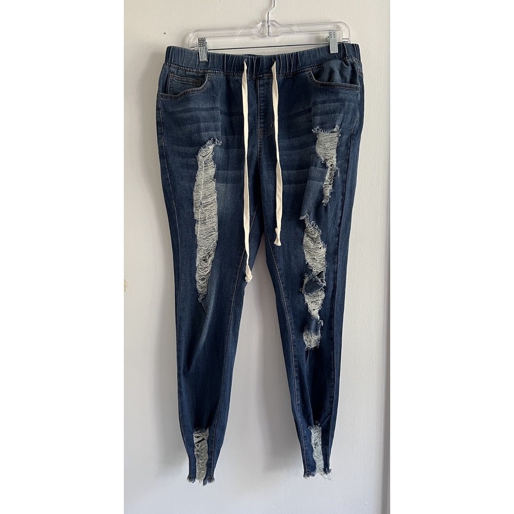 Shein Curve Stretchy Pull On Distressed Jeans Women's Sz 1XL Pockets Drawstring‎